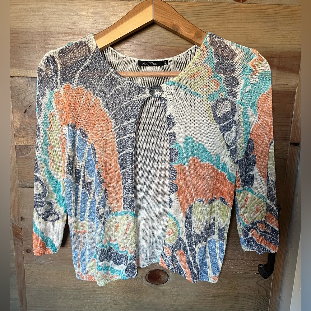 Nic & Zoe Multicolor Patterned Cropped Cardigan - Teal, Coral, Gray